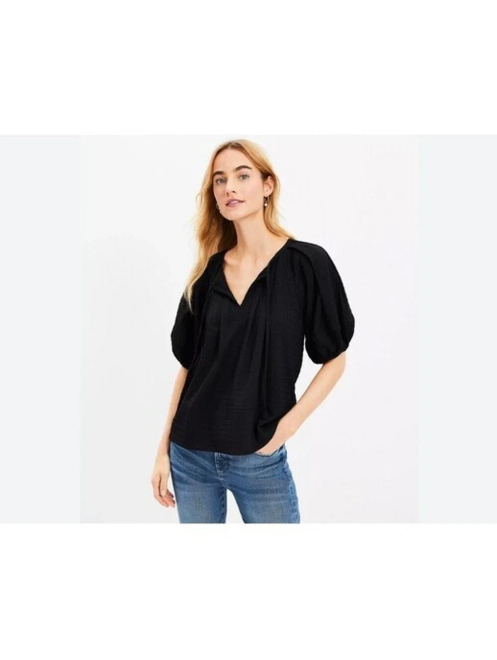 Loft NWT Women's Black Puff Sleeve Tie Neck Textured Blouse Size L